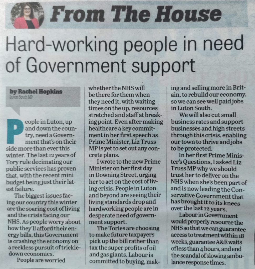 Rachel Hopkins MP October 2022 Luton News article titled 'Hard-working people in need of Government support'