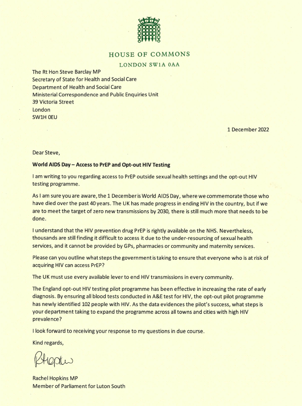 Rachel Hopkins MP letter to Health Secretary on World AIDS Day