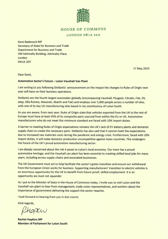Rachel Hopkins MP's letter to the government, full text for ALT screen readers below