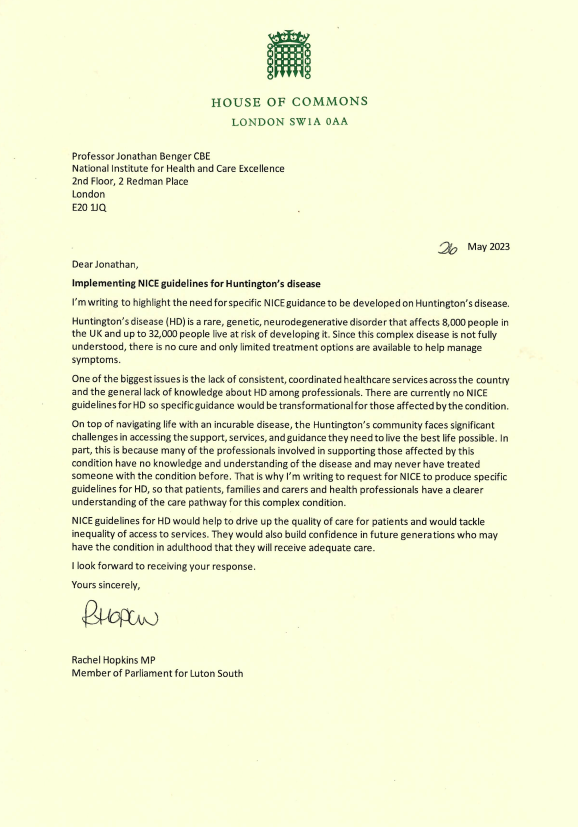 Rachel Hopkins MP's letter to NICE, full text below