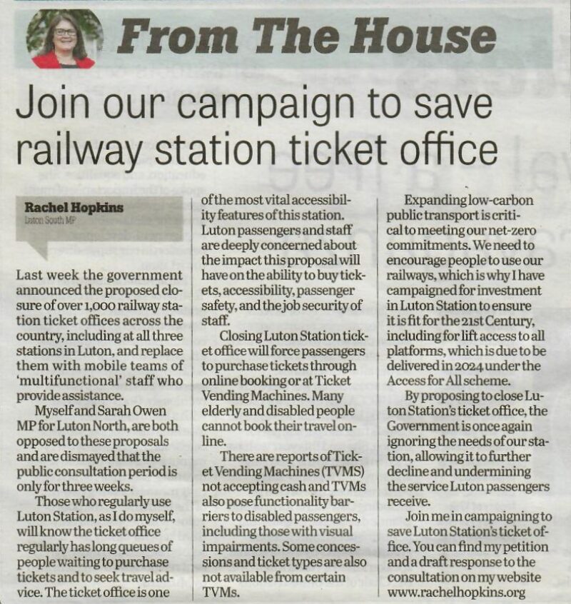 Picture of Rachel Hopkins MP's Luton News article
