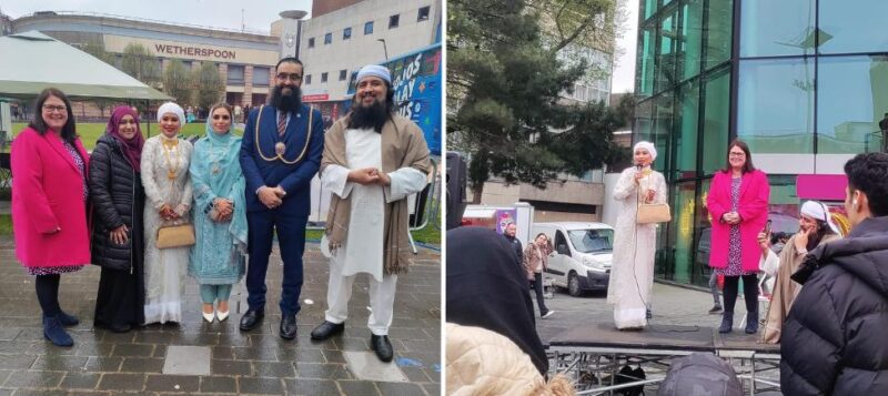 Rachel, the Mayor Cllr Yaqub Hanif, and Cllr Fatima Begum with the 1Eid team 