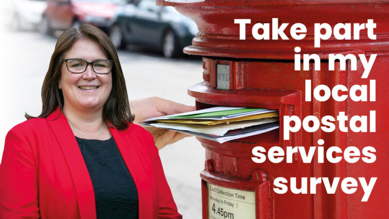 Rachel alongside an image of someone posting letters. Text reads: Take part  in local my postal services survey