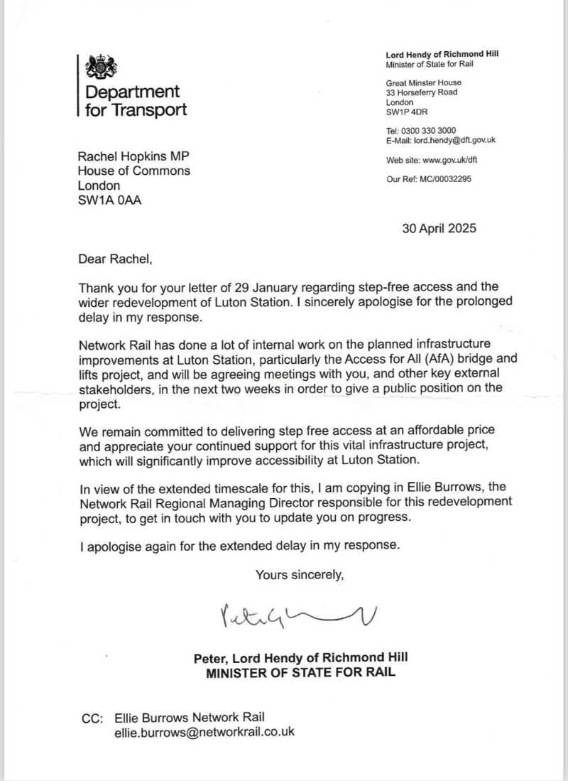 Department for Transport update on works at Luton Station