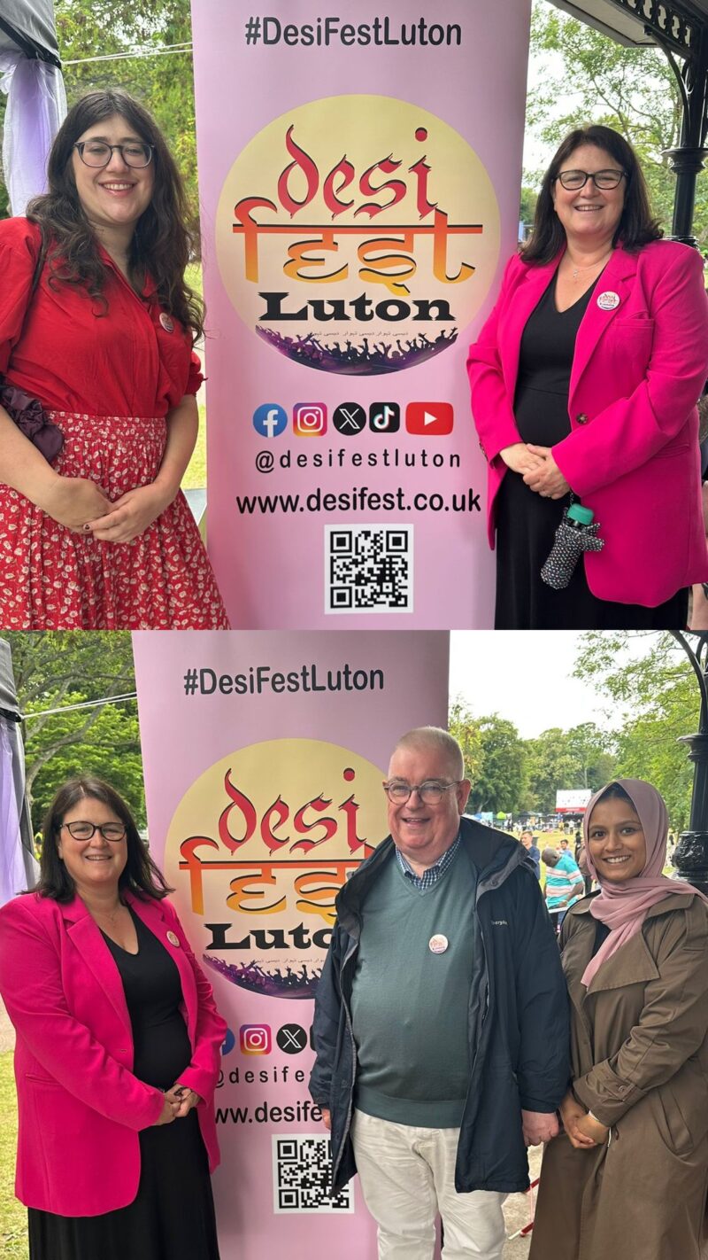 Rachel Hopkins MP celebrating at DesiFest with Councillor Amy Nicholls, Bedfordshire PCC John Tizard and Deputy PCC Councillor Umme Ali