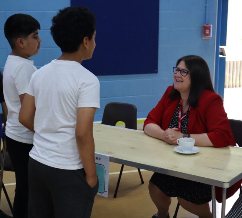 Rachel Hopkins MP talking to students at Foxdell Primary School Careers Fair