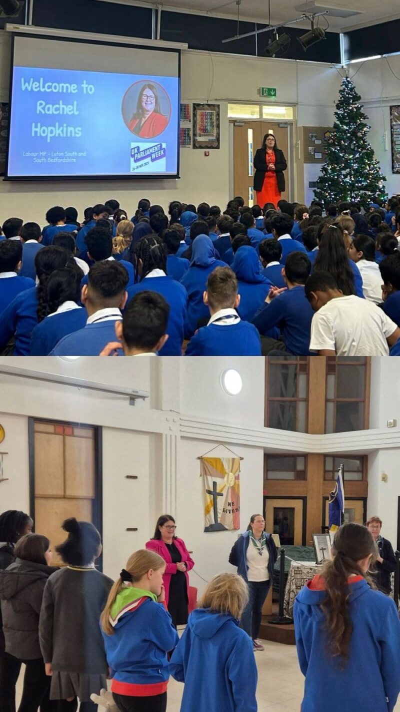 Rachel Hopkins MP visiting Foxdell Primary School and 5th Stopsley Guides