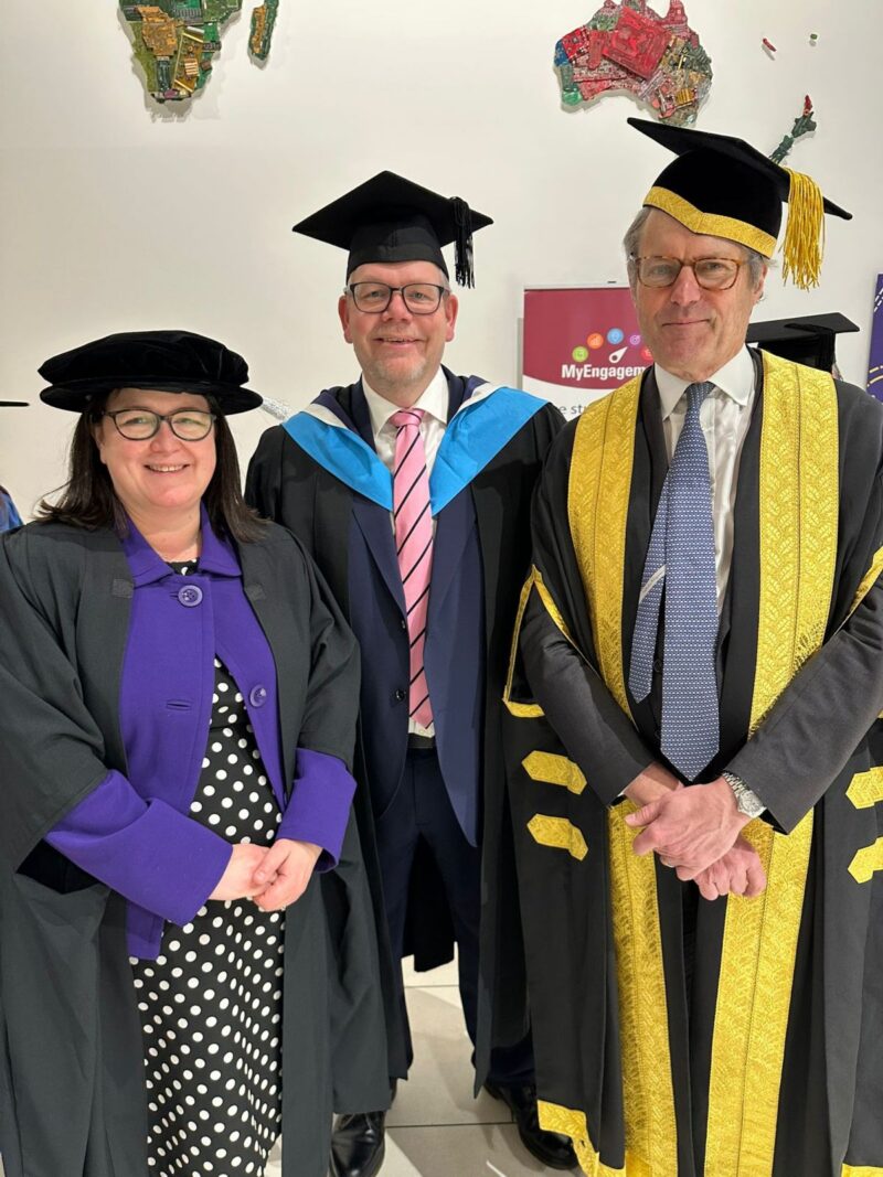Rachel Hopkins MP at the University of Bedfordshire Business School Graduation with Steve Botterill and Simon Yun-Farmbrough