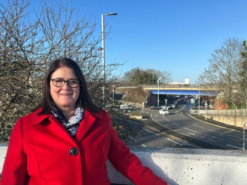 Rachel Hopkins MP by a road in Luton South and South Bedfordshire