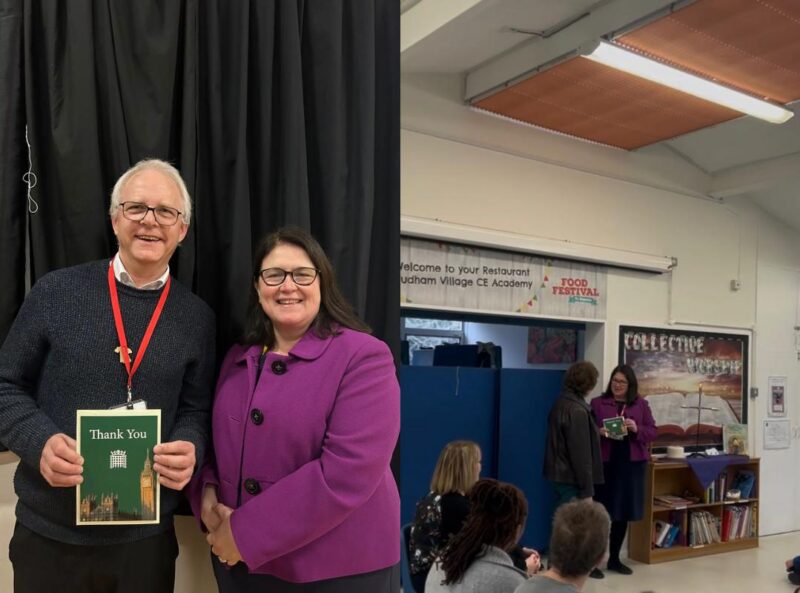 Rachel Hopkins MP presenting Community Thank You cards to Ann Copeland and Matthew Davies