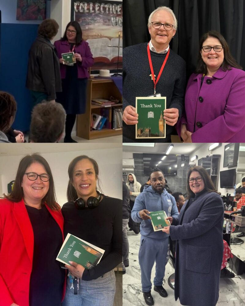 Rachel Hopkins MP presenting Community Thank You cards to Ann Copeland, Matthew Davies, Nicole Christophi, and Nicandro Glaves