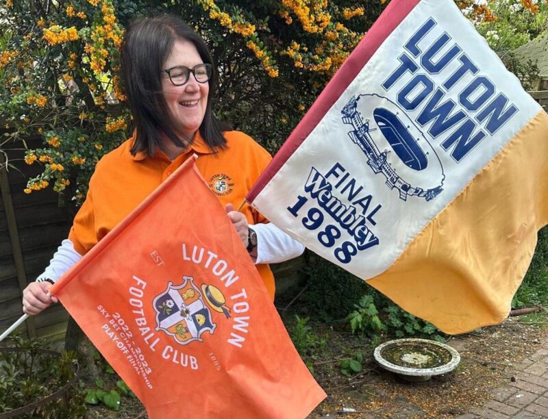 Rachel Hopkins MP with Luton Town Football Club flags