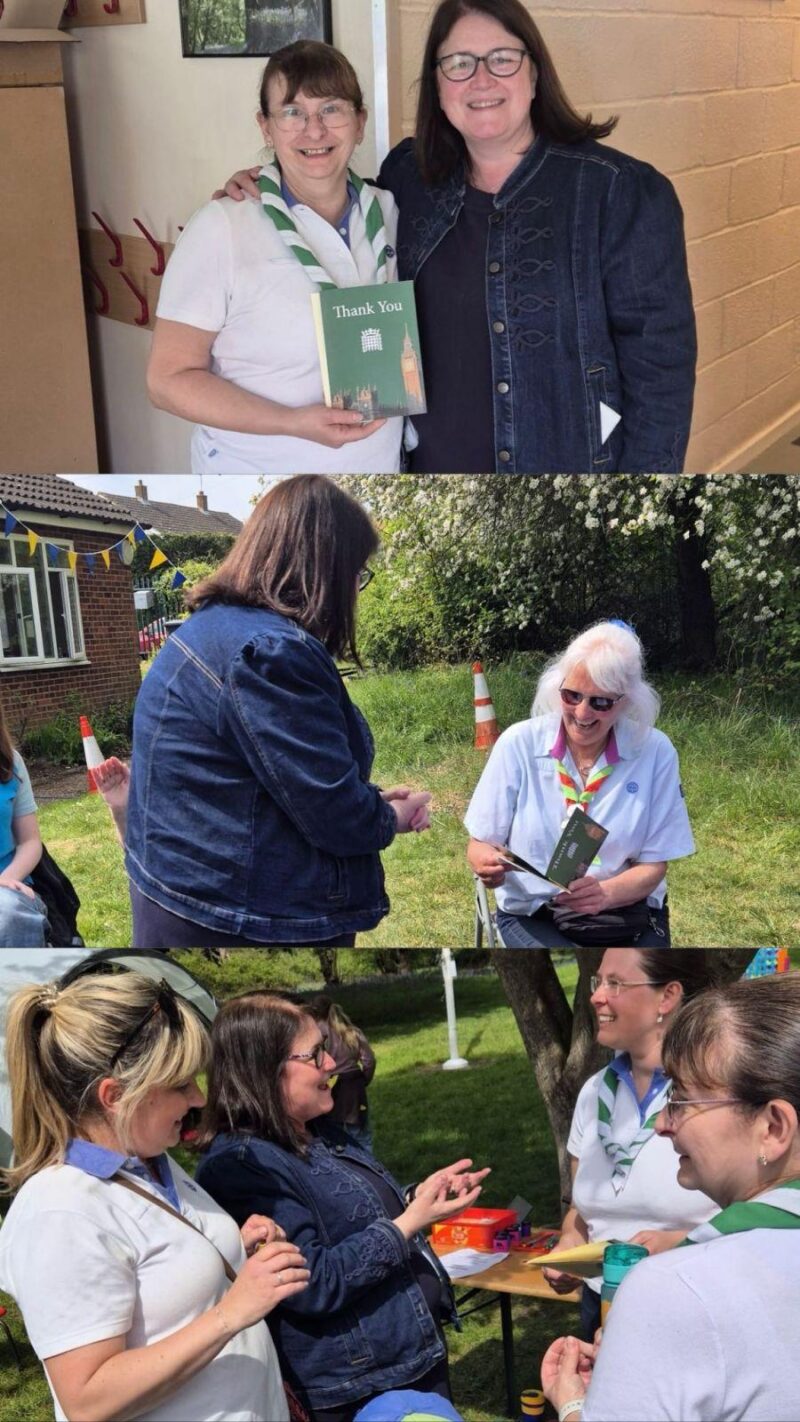 Rachel Hopkins MP presenting Community Thank You cards to volunteers at Girlguiding Luton South