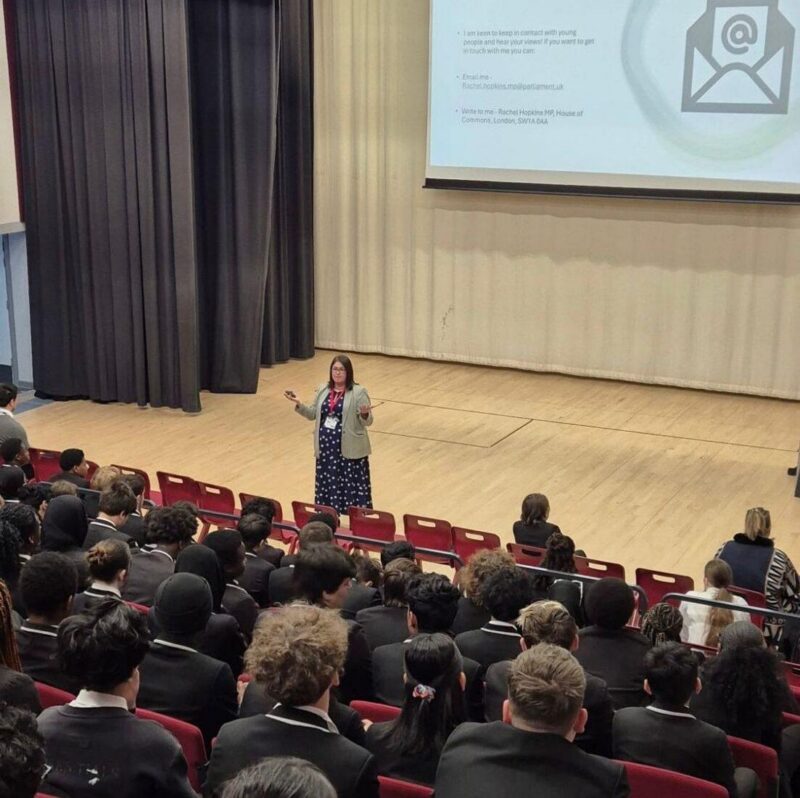 Rachel Hopkins MP speaking to students at Queen Elizabeth Academy